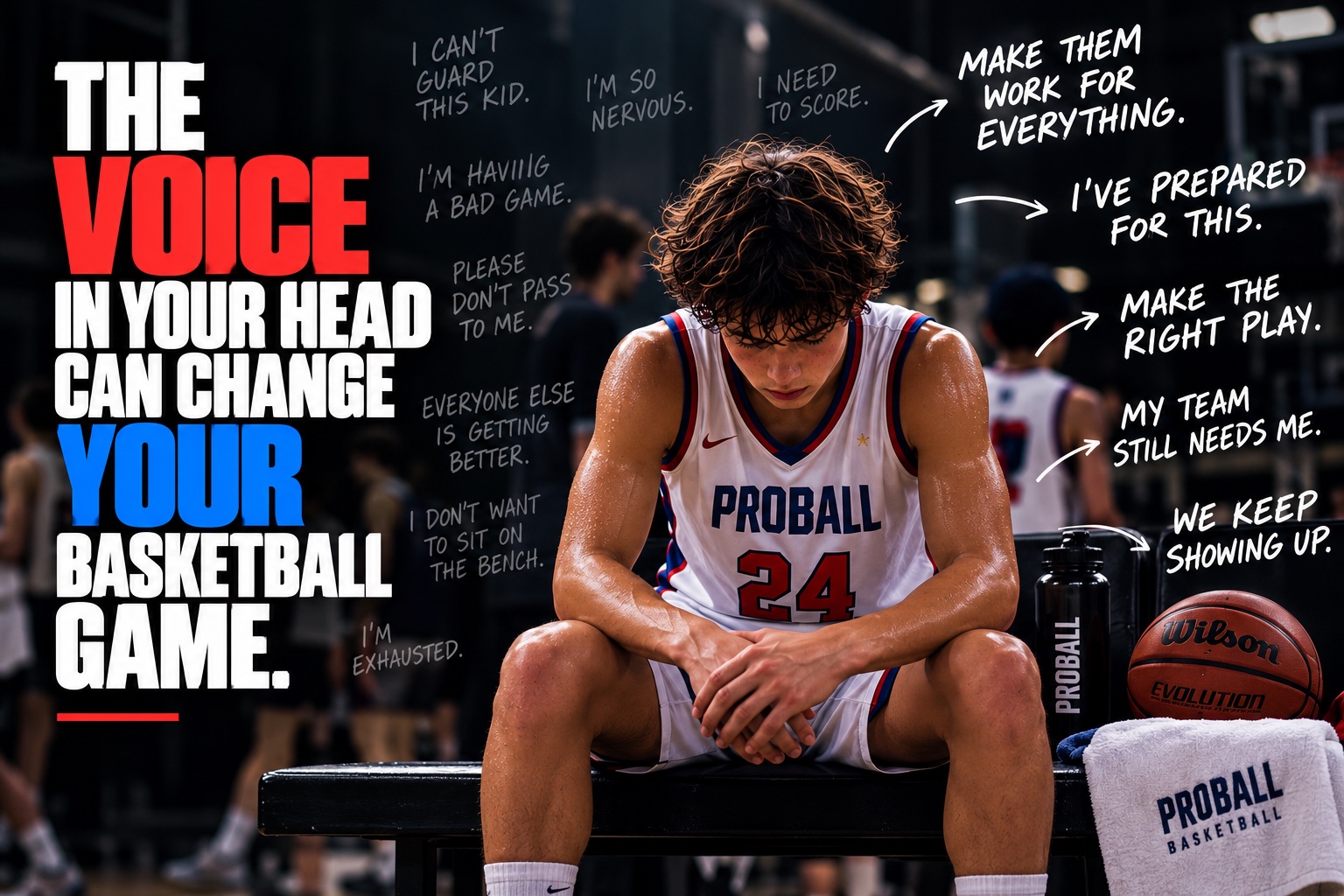 ProBall junior basketball player sitting on the bench during a game, showing how positive self-talk can help young athletes manage nerves, mistakes and pressure in basketball.